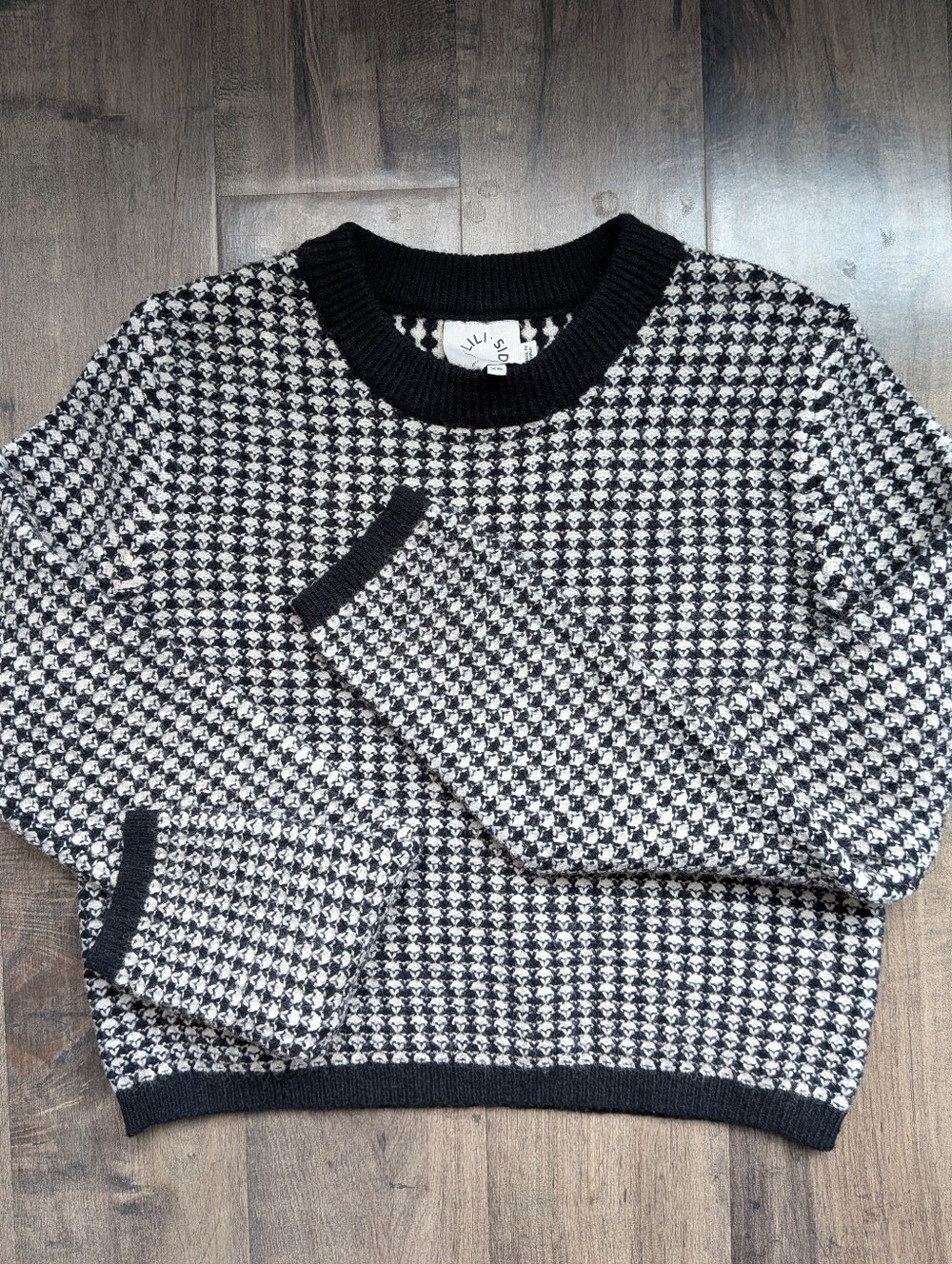 Lili Sidonio Houndstooth Geometric Knit Cropped Sweater Black White XS
